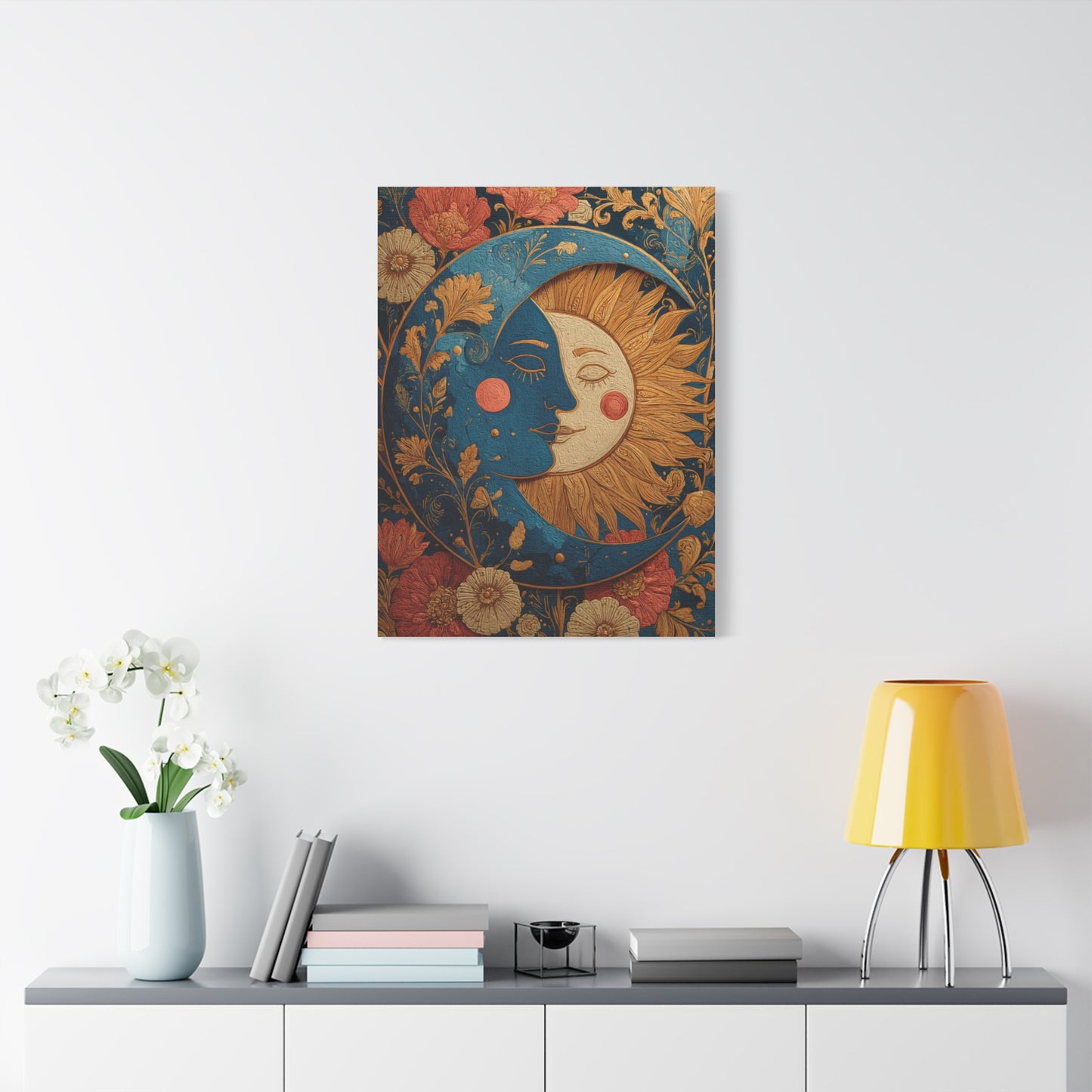 Celestial Sun and Moon Folk Wall Art & Canvas Print