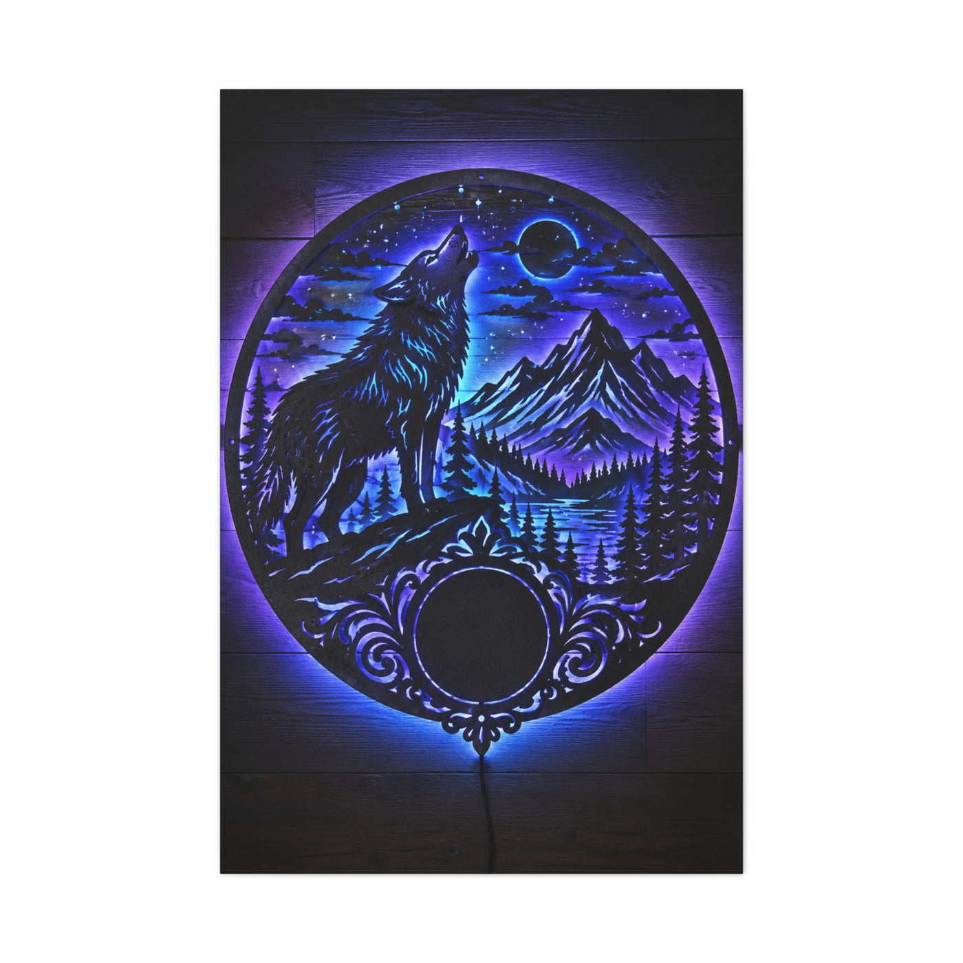 LED Mountain Wolf Night Circle Scene Wall Art & Canvas Print
