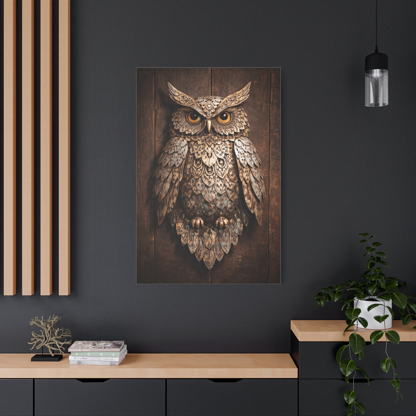 Rustic Metal Owl Sculpture Wall Art & Canvas Print