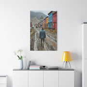 Lone Cowboy Walking Through a Rainy Frontier Street Wall Art & Canvas Print