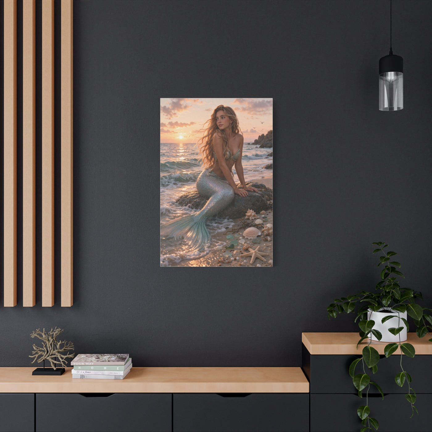 Golden Sunset Shore Mermaid Wall Art & Canvas Print