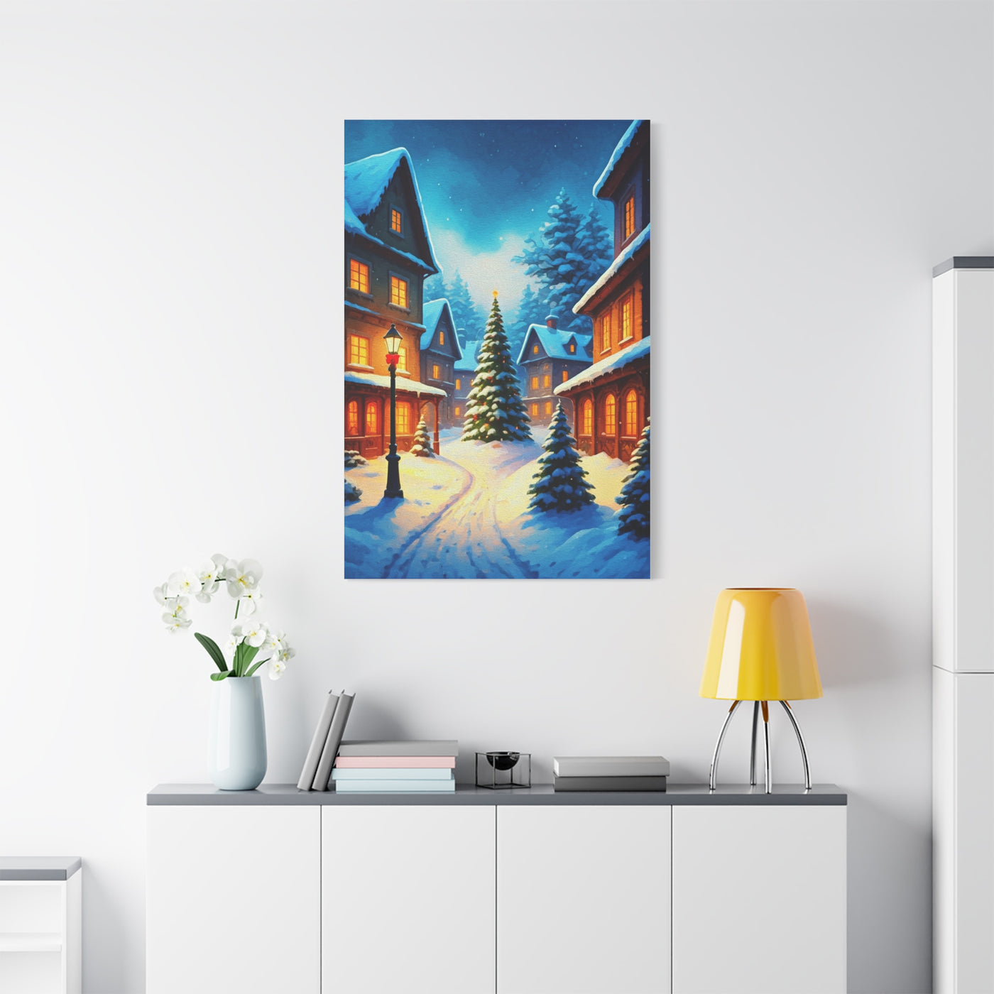 Watercolor Winter Village Christmas Scene Wall Art & Canvas Print