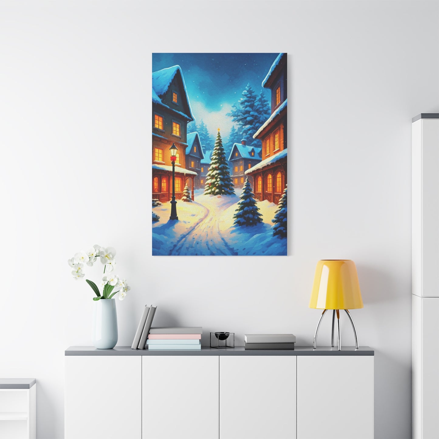 Watercolor Winter Village Christmas Scene Wall Art & Canvas Print