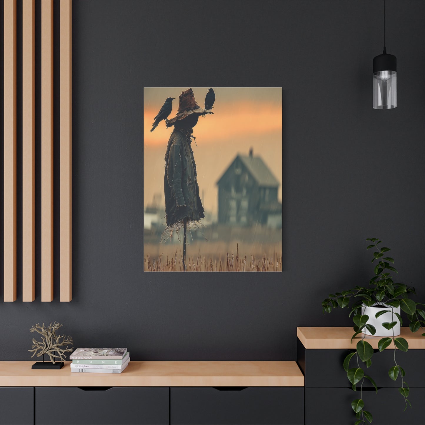 Old Scarecrow in Harvest Field with Crows Wall Art & Canvas Print