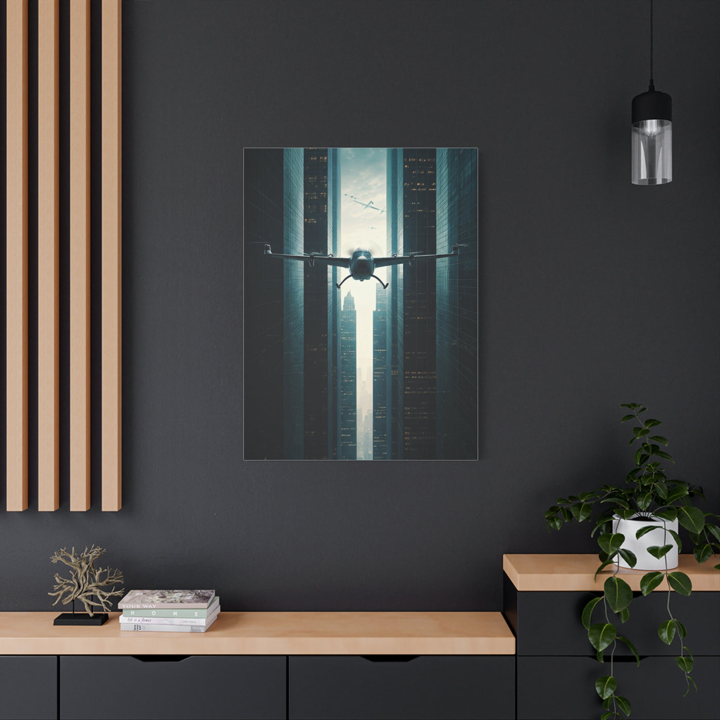 Electric Aircraft Between Skyscrapers Wall Art & Canvas Prints