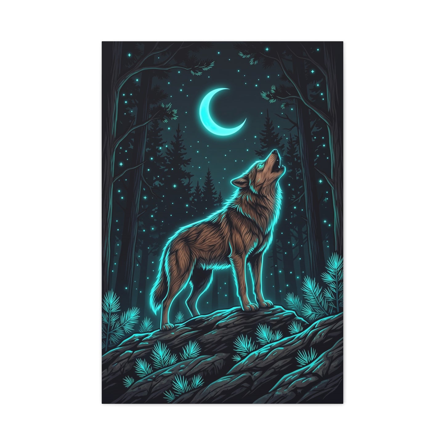 Moonlit Forest Wolf Neon Outline Scene Wall Art & Canvas Print