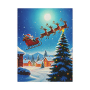 Santa Sleigh Flying Over Snowy Christmas Village Wall Art & Canvas Print