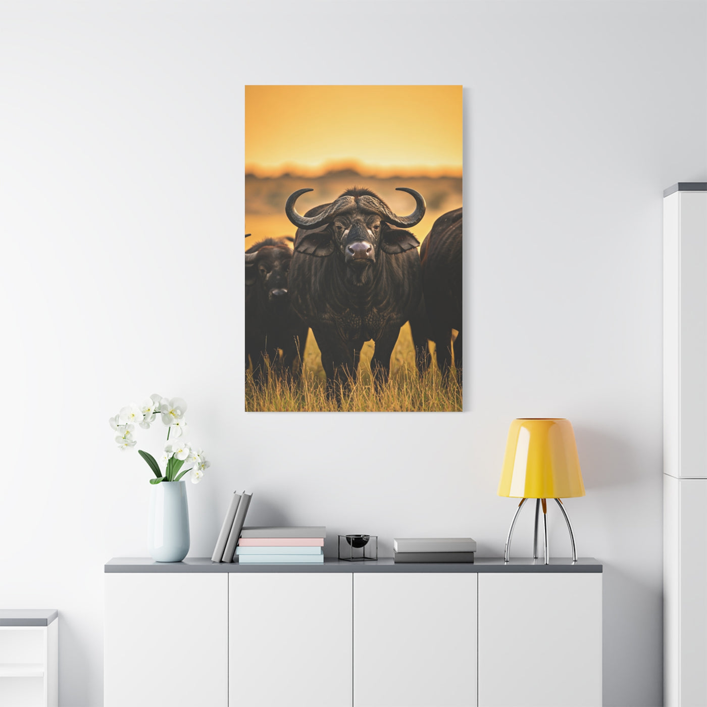 Buffalo Herd in Golden African Sunset Wall Art & Canvas Print