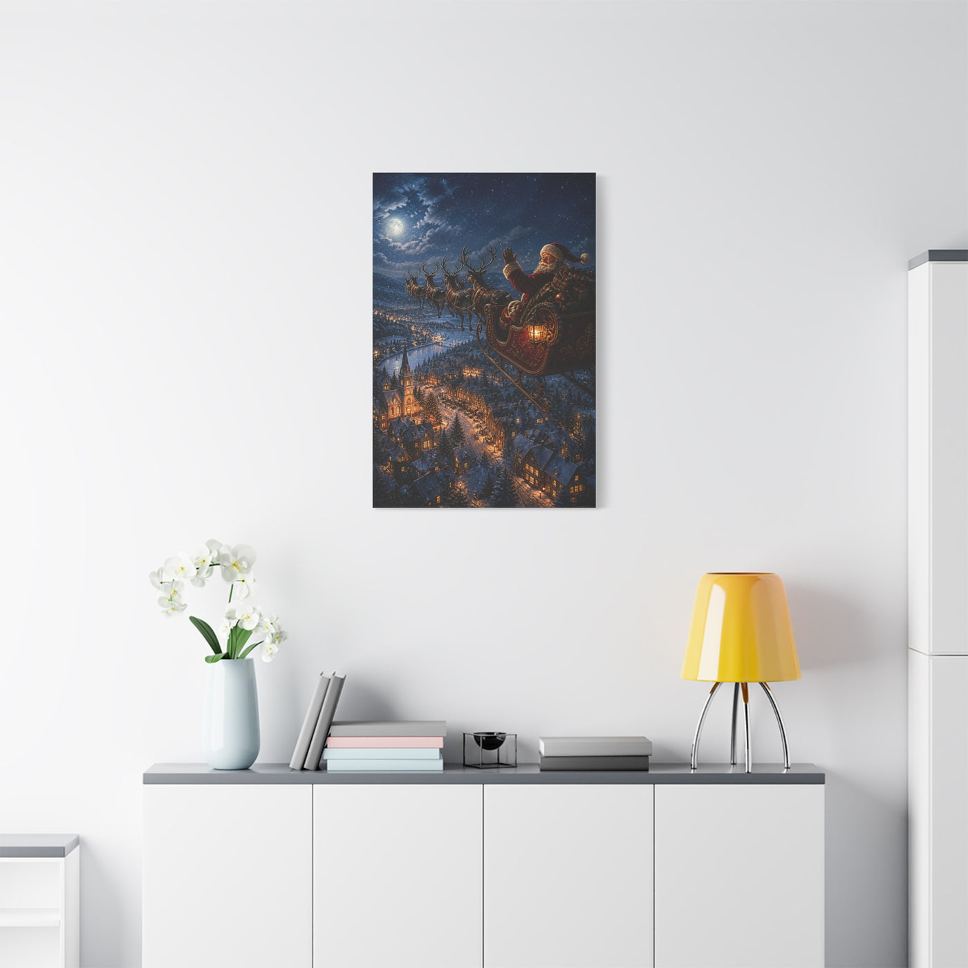 Santa Sleigh Flight Over Snowy Village Wall Art & Canvas Print