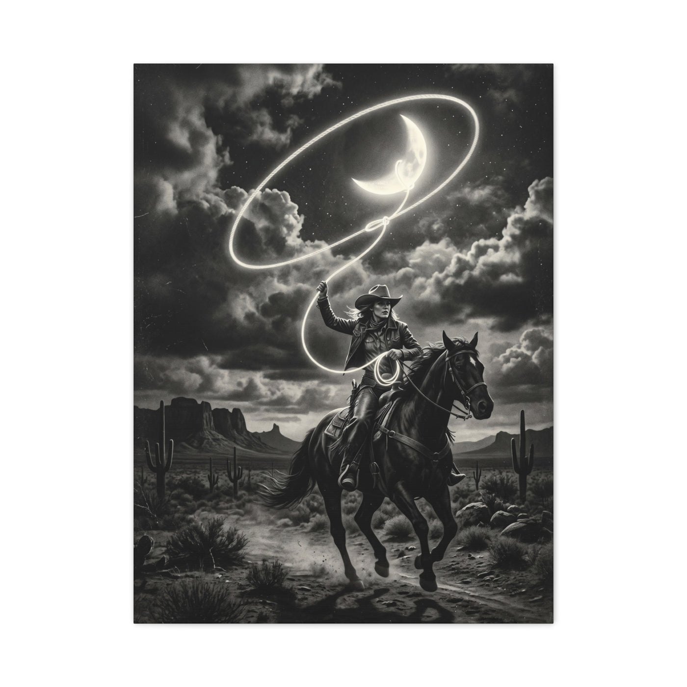 Moon Lasso Cowgirl Night Scene Wall Art & Canvas Print