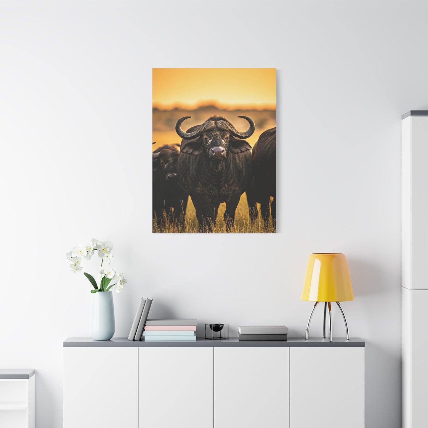 Buffalo Herd in Golden African Sunset Wall Art & Canvas Print