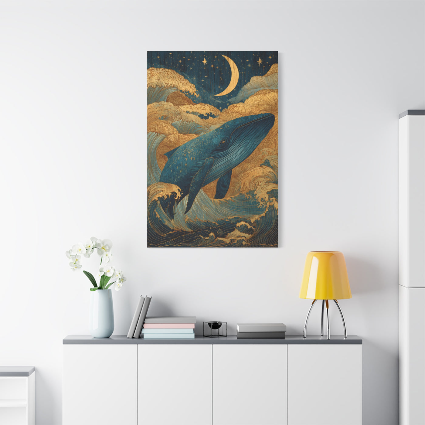 Folk Whale Moonlit Ocean Wall Art & Canvas Print