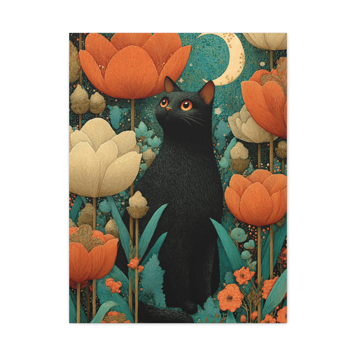Folk Black Cat Garden Wall Art & Canvas Print