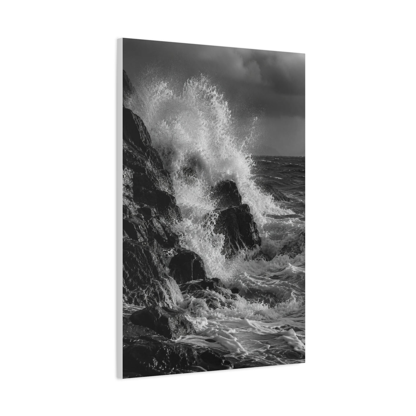 Monochrome Ocean Impact Rock Scene Wall Art & Canvas Print