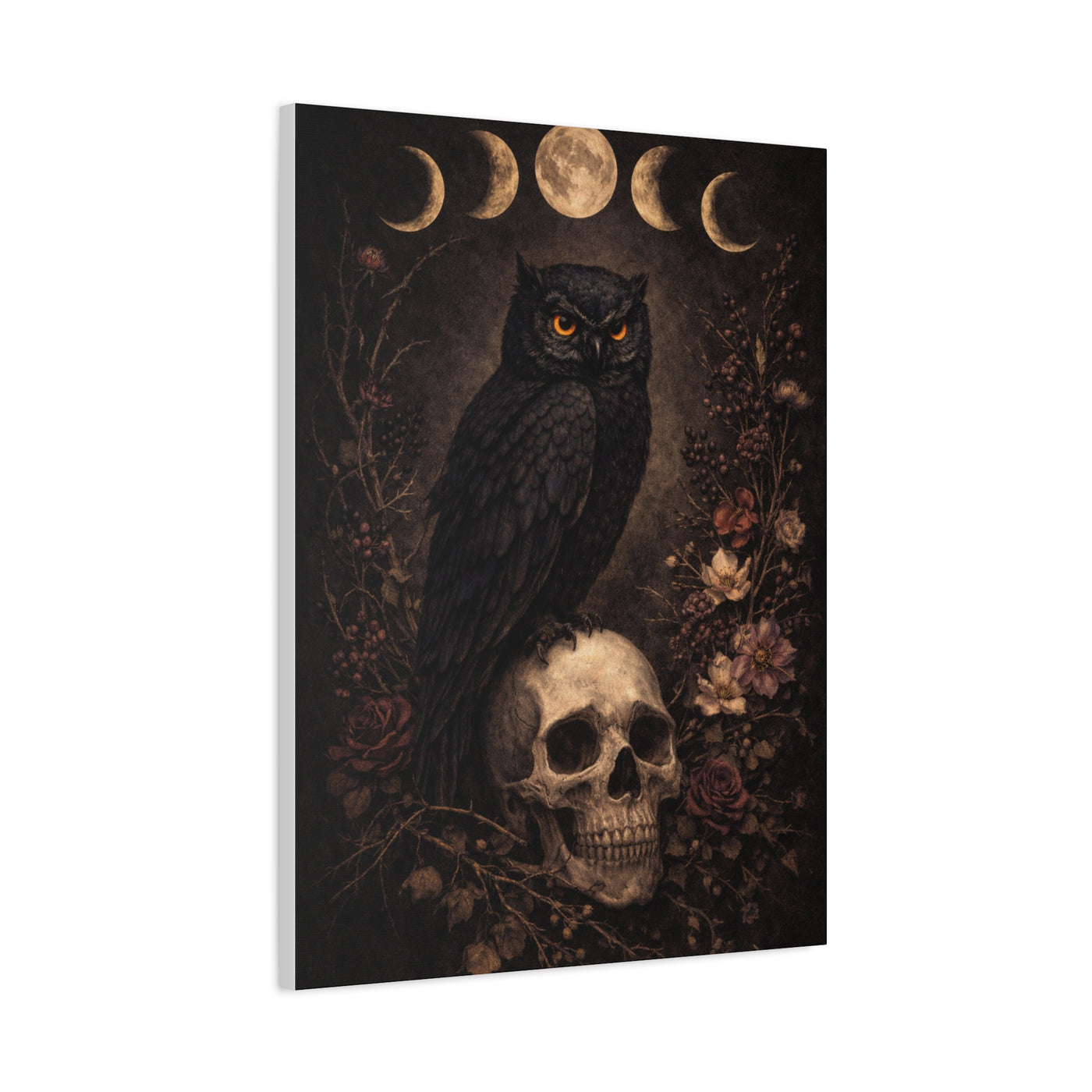 Gothic Moon Phase Owl Skull Wall Art & Canvas Print