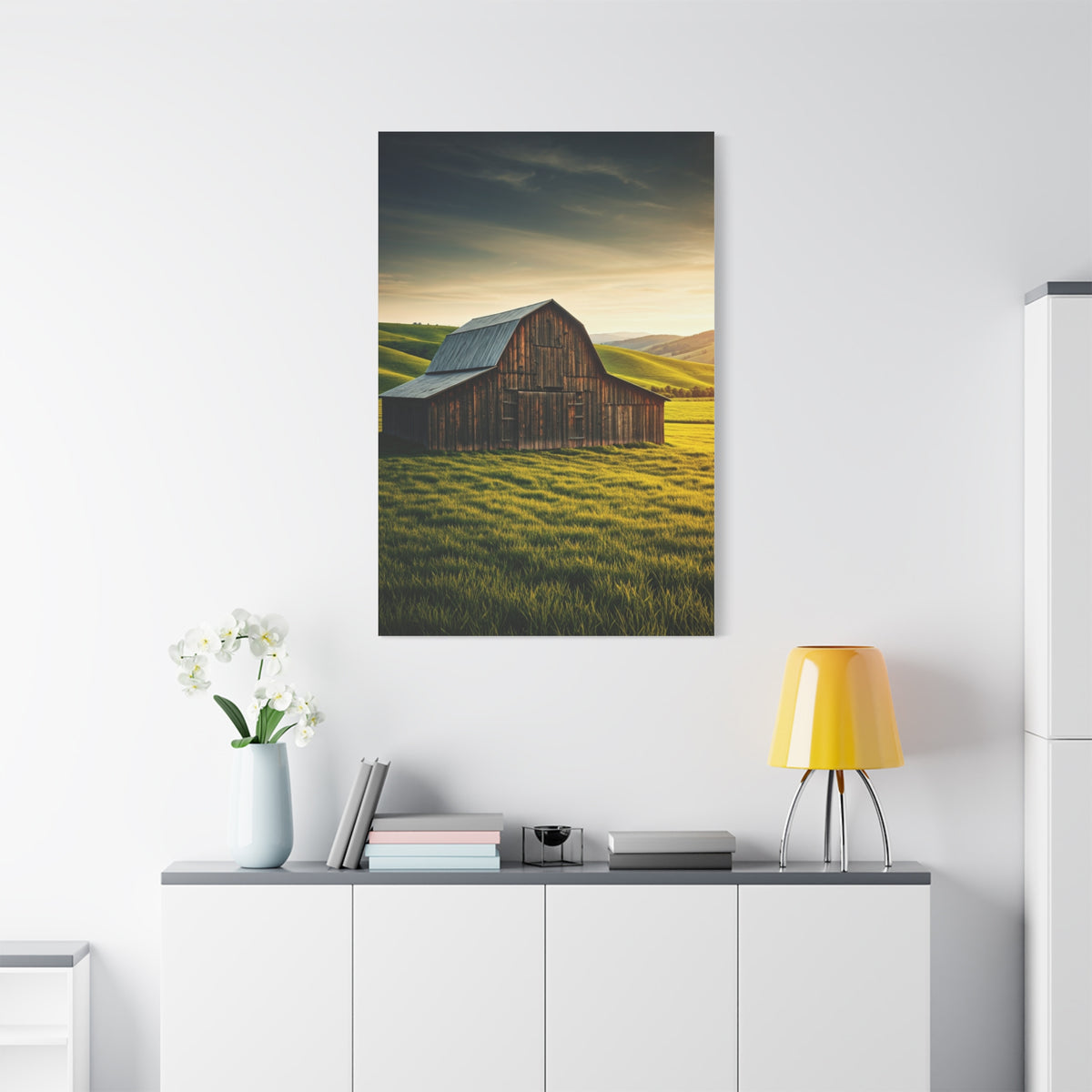 Sunlit Meadow Barn Landscape Wall Art & Canvas Prints