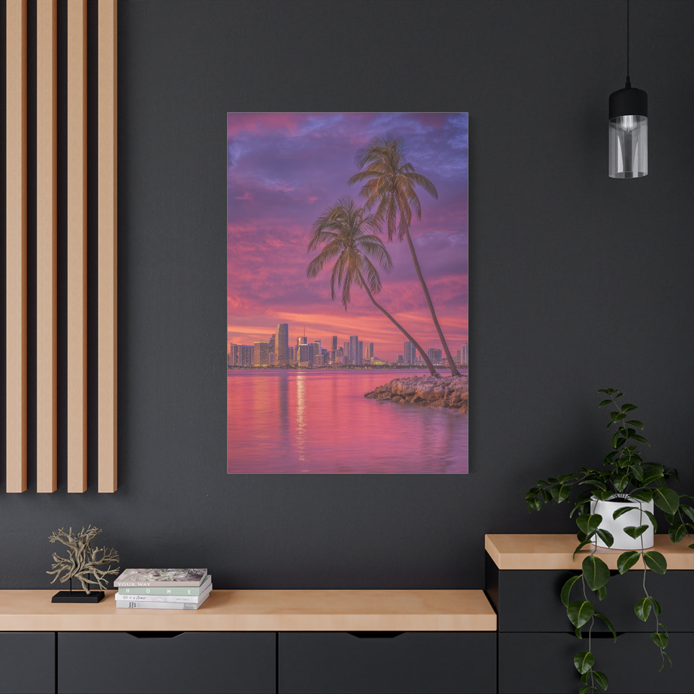 Miami Skyline Tropical Sunset With Palm Trees Wall Art & Canvas Print