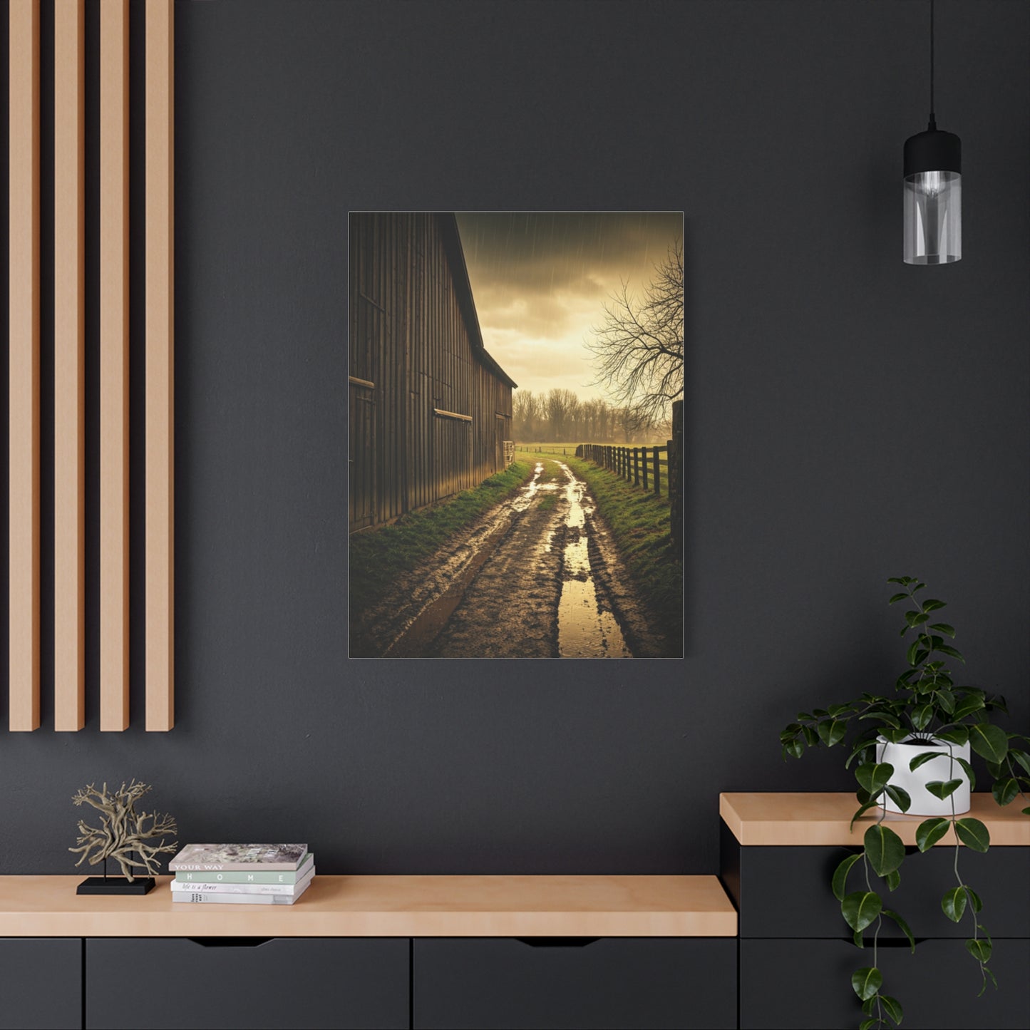 Rain-Soaked Farm Road Beside the Barn Wall Art & Canvas Prints
