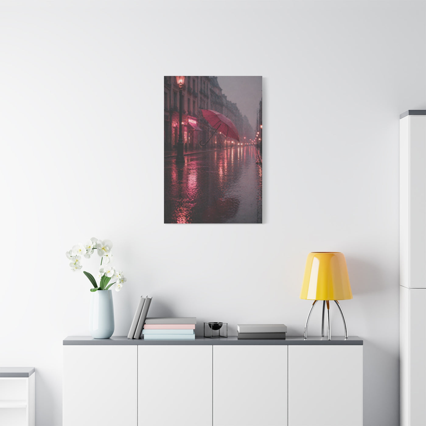 Romantic Pink Rain Street Reflection Wall Art & Canvas Print