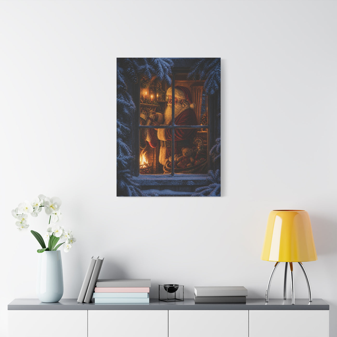 Snowy Cottage Window Santa Scene Wall Art & Canvas Print