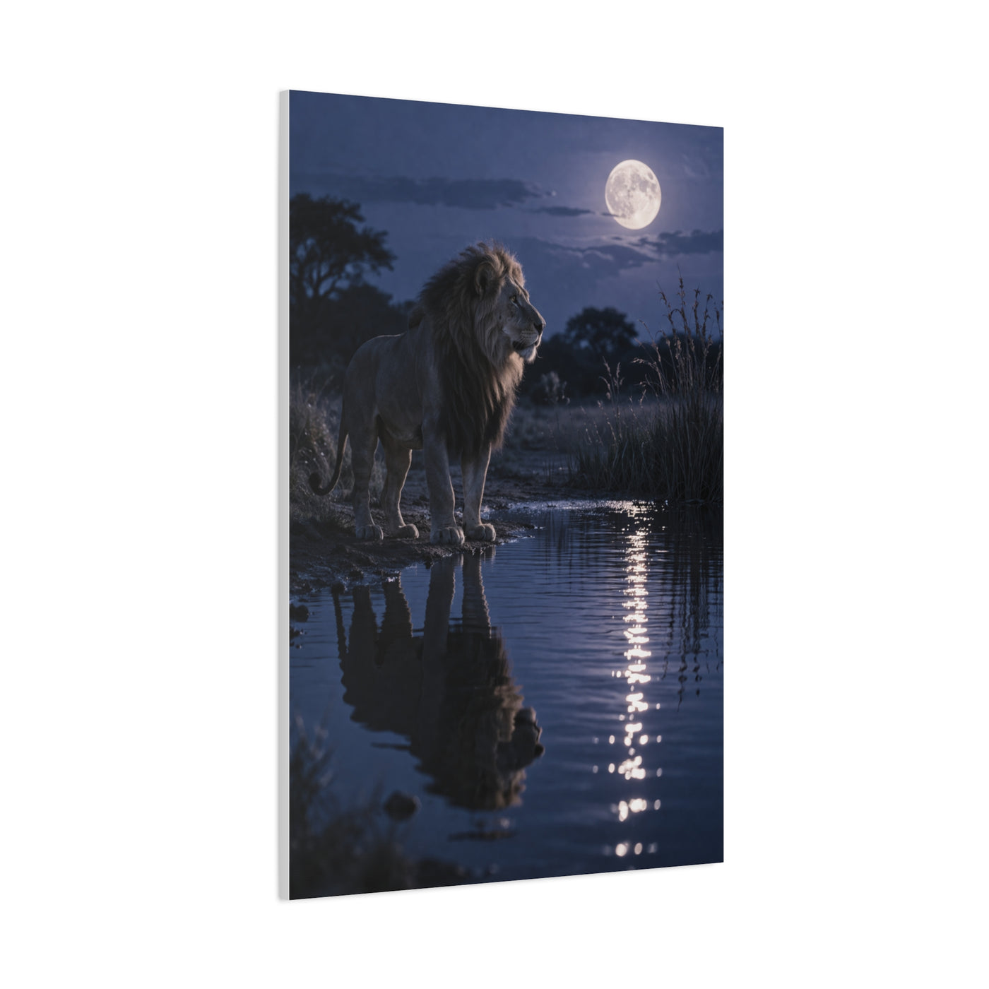 Lion by Moonlit Water Reflection Wall Art & Canvas Print