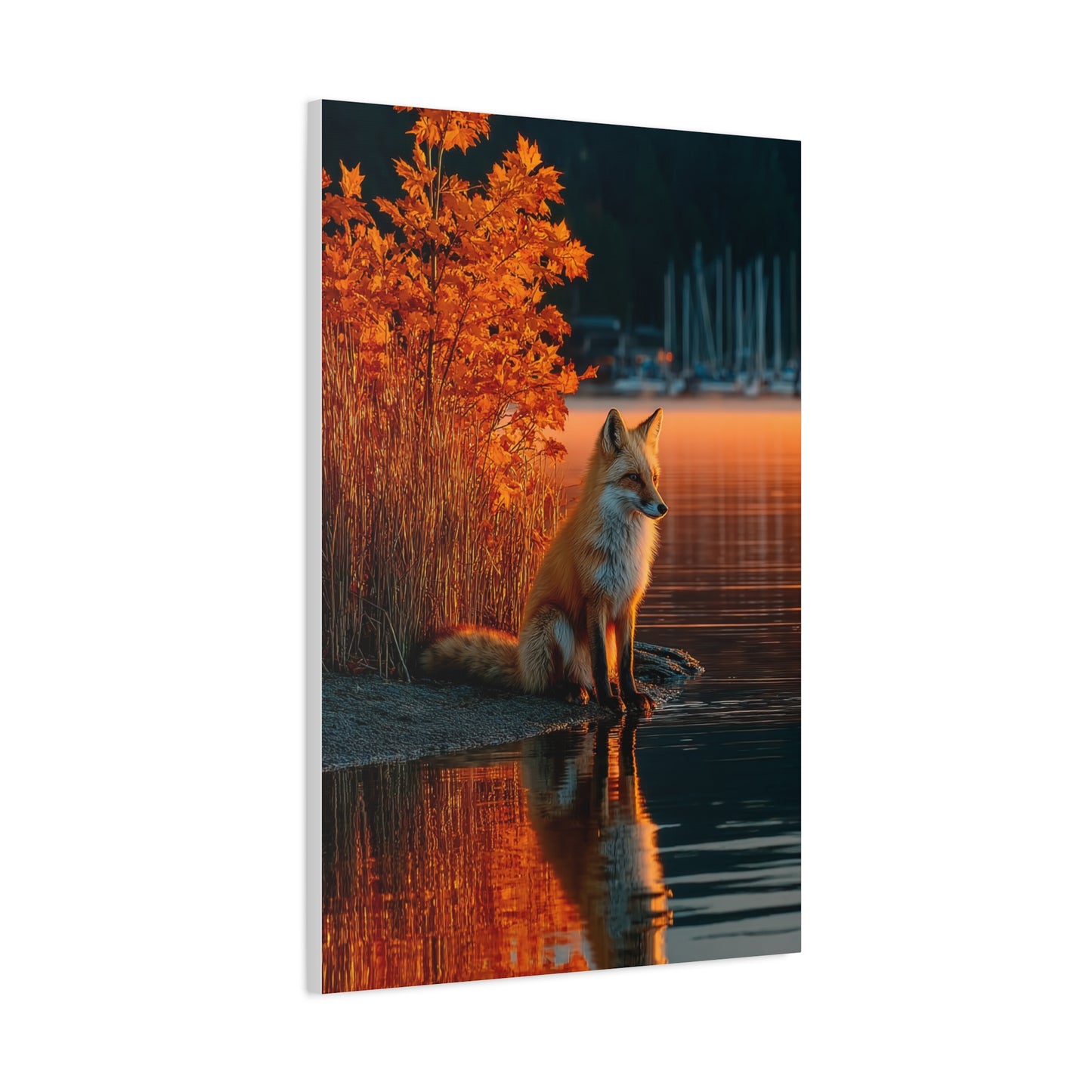 Autumn Lakeside Fox Reflection Wall Art & Canvas Print