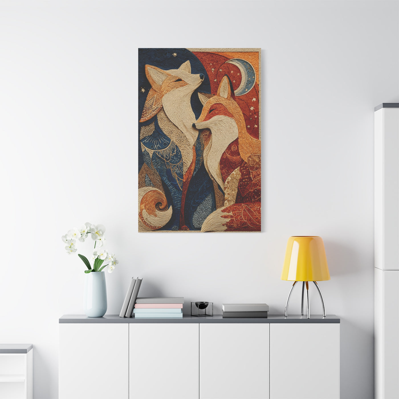Folk Twin Foxes Celestial Linocut Wall Art & Canvas Print
