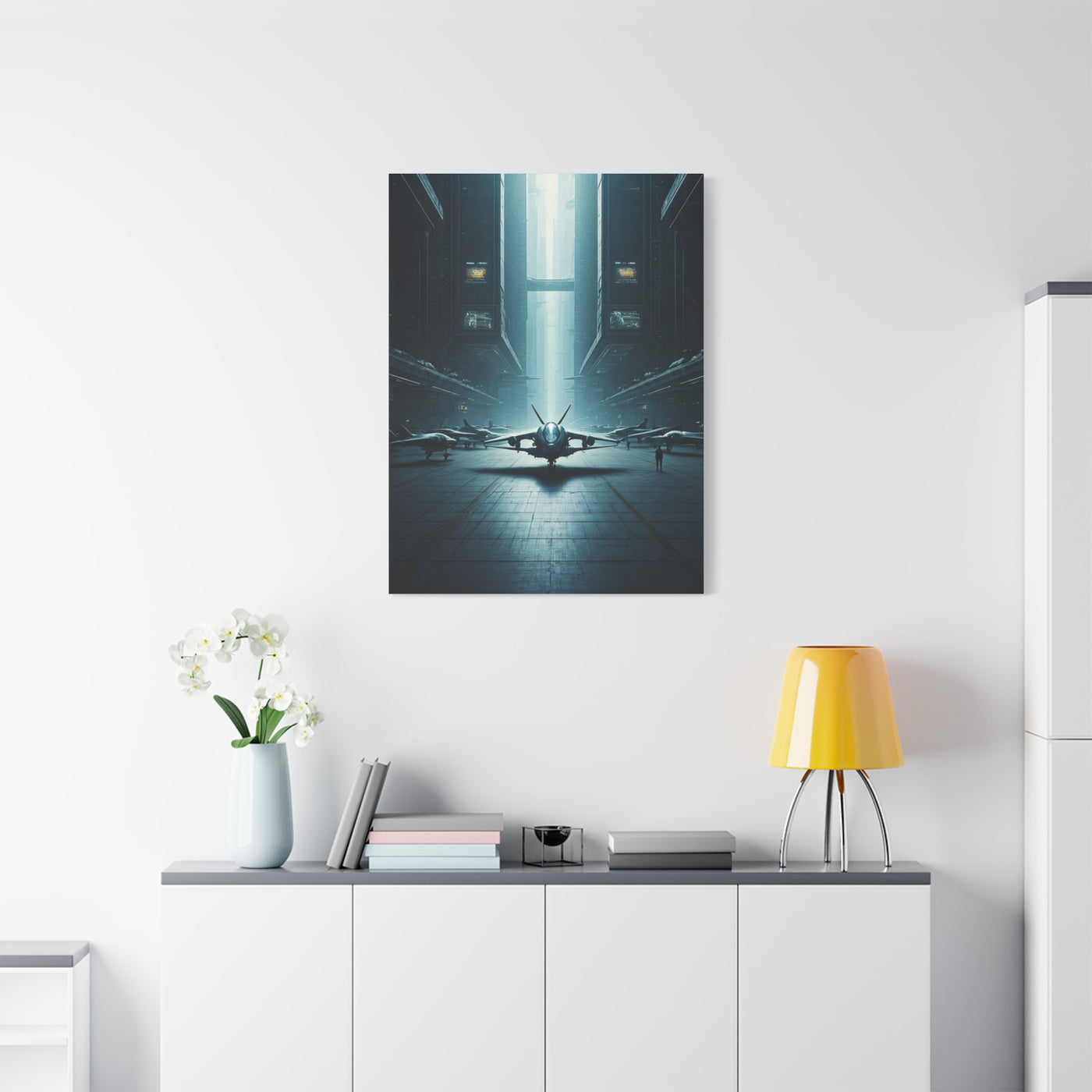 Futuristic Aircraft Hangar Scene Wall Art & Canvas Prints