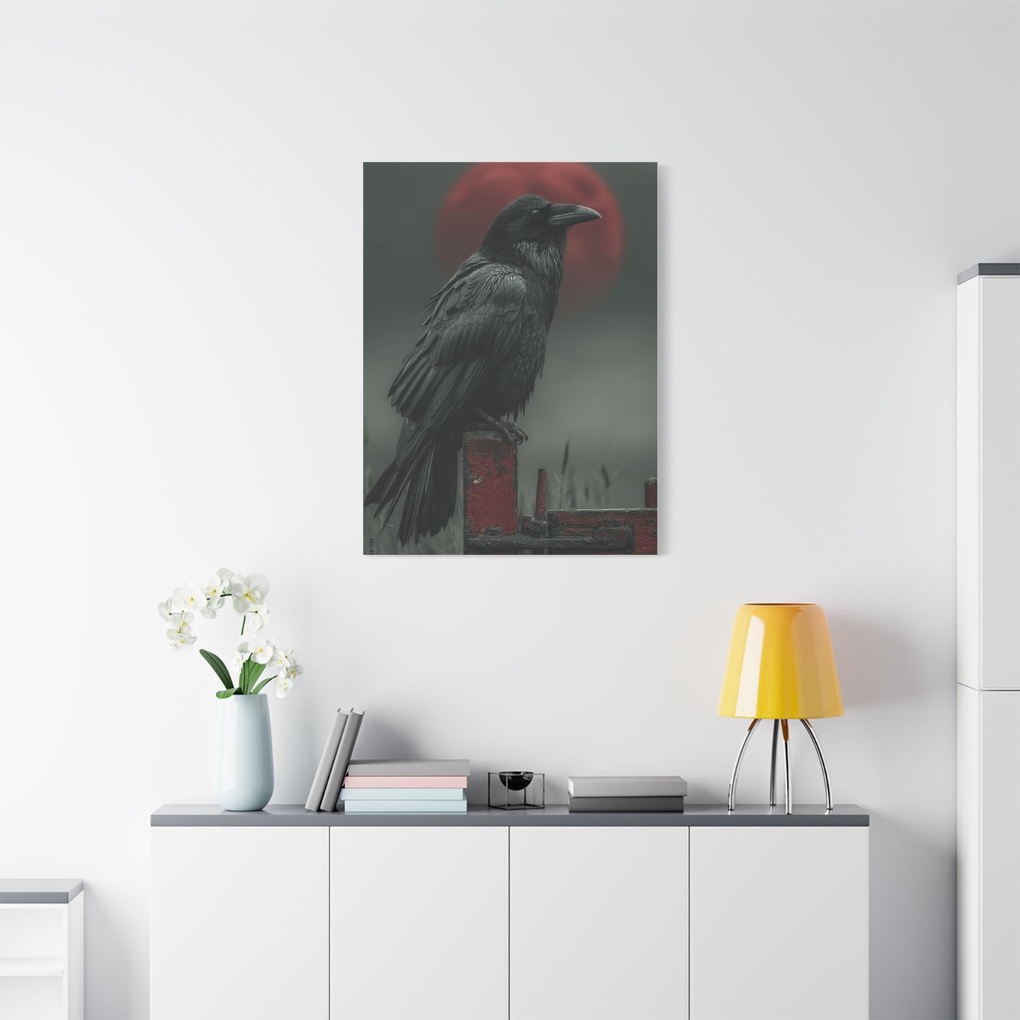 Raven Beneath the Crimson Moon Wall Art & Canvas Print