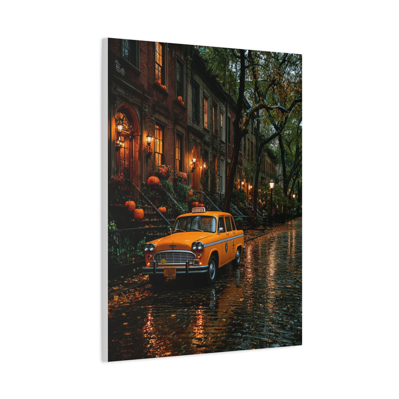 Rainy Autumn Brownstone Street Wall Art & Canvas Print