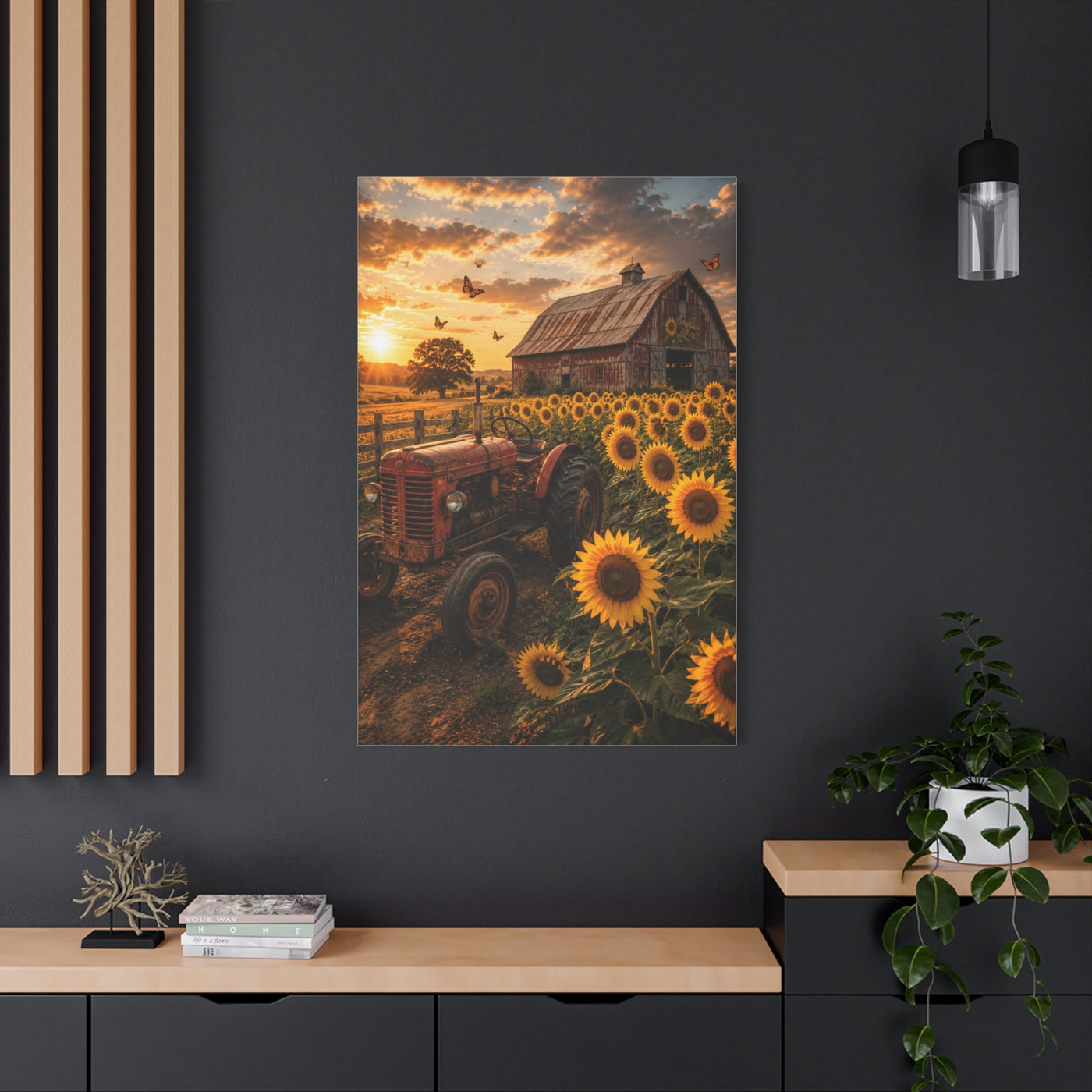 Rustic Farmhouse Sunflower Field Tractor Wall Art & Canvas Print