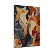 Folk Twin Foxes Celestial Linocut Wall Art & Canvas Print