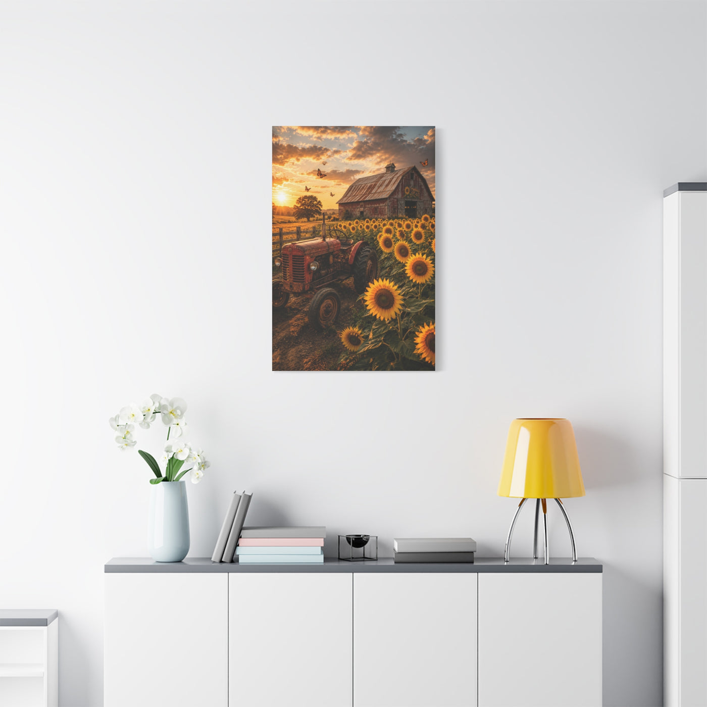 Rustic Farmhouse Sunflower Field Tractor Wall Art & Canvas Print