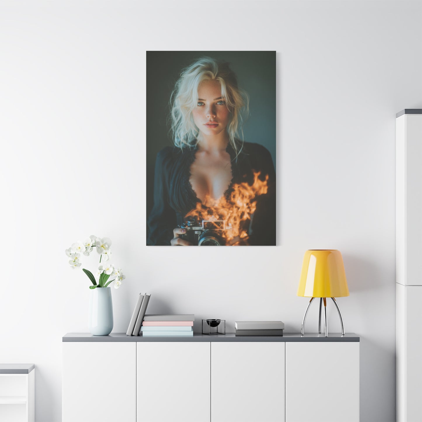 Blonde Muse Fire Camera Portrait Wall Art & Canvas Print