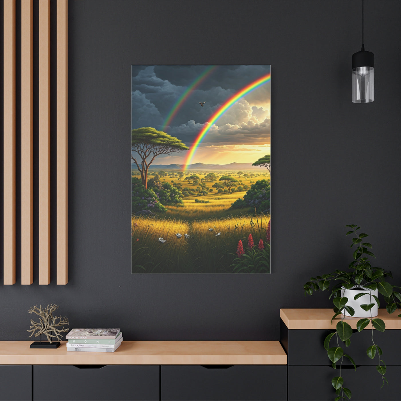 Rainbow Over African Savannah Landscape Wall Art & Canvas Prints