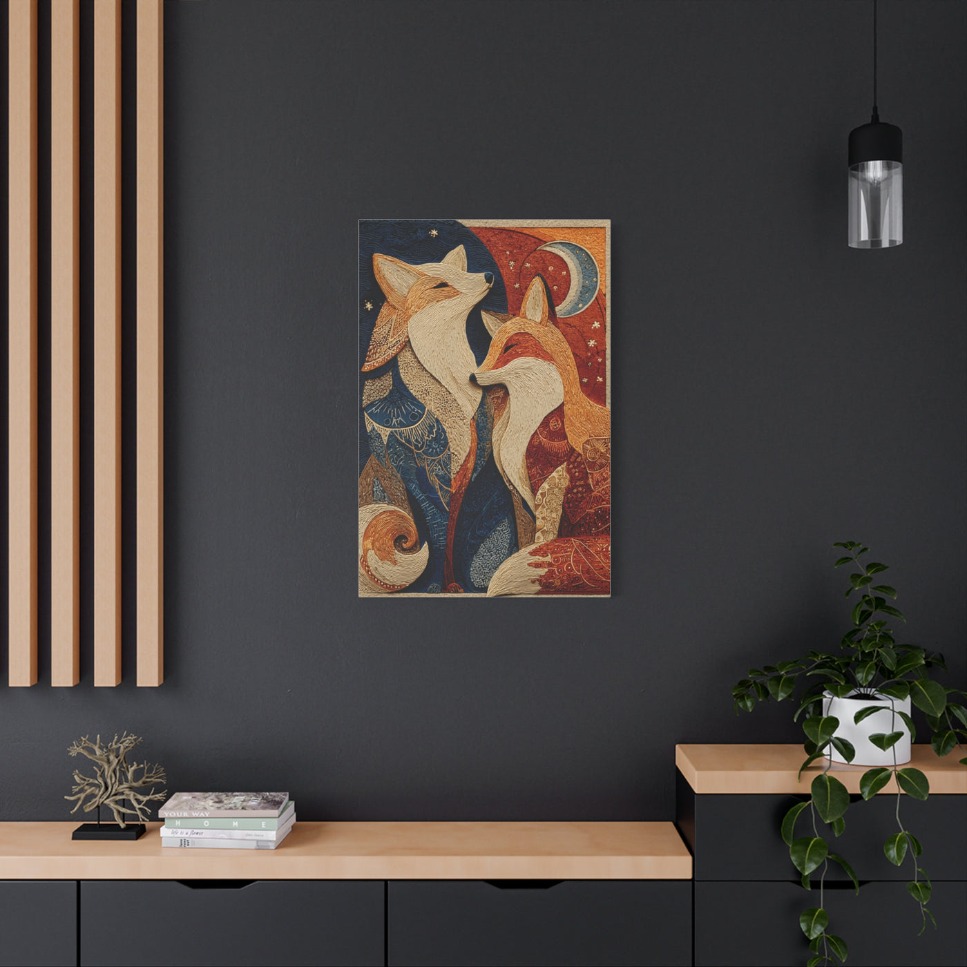 Folk Twin Foxes Celestial Linocut Wall Art & Canvas Print