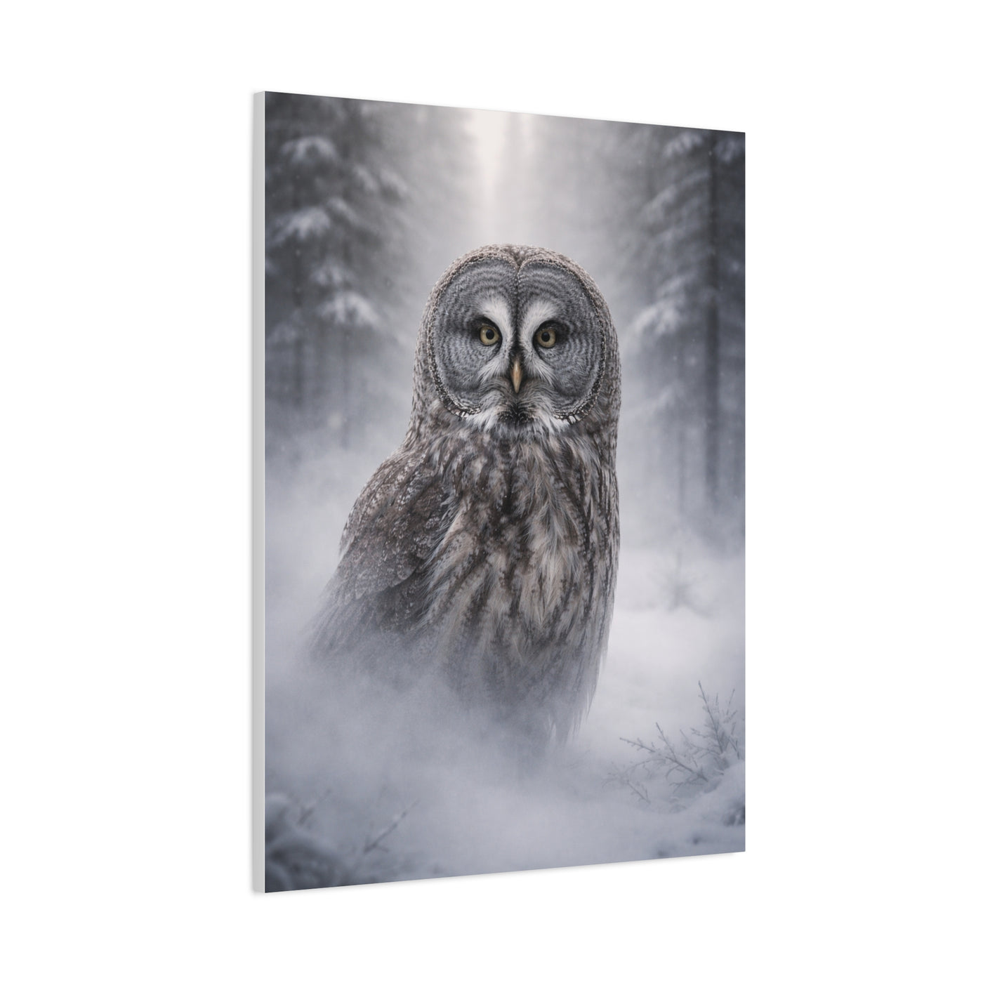 Great Grey Owl Winter Mist Portrait Wall Art & Canvas Print