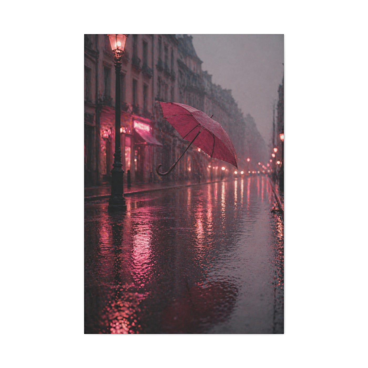 Romantic Pink Rain Street Reflection Wall Art & Canvas Print