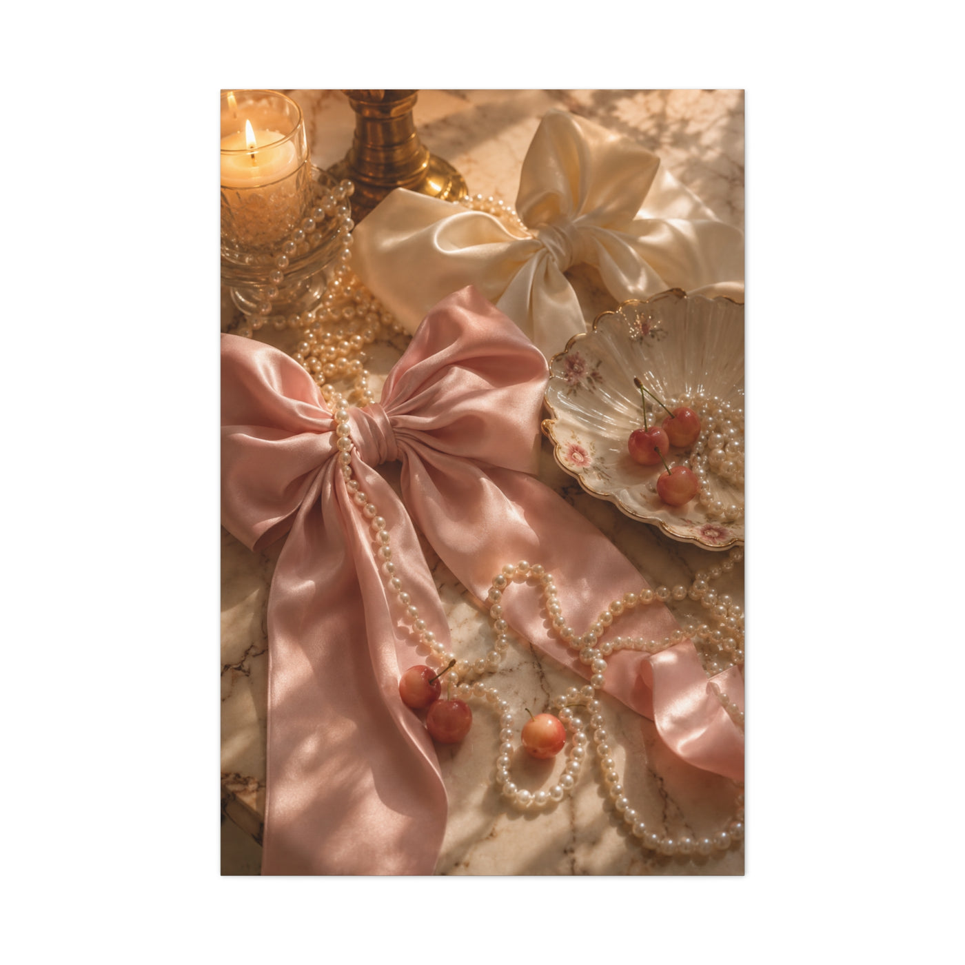 Coquette Silk Bow & Pearl Still Life Wall Art & Canvas Print