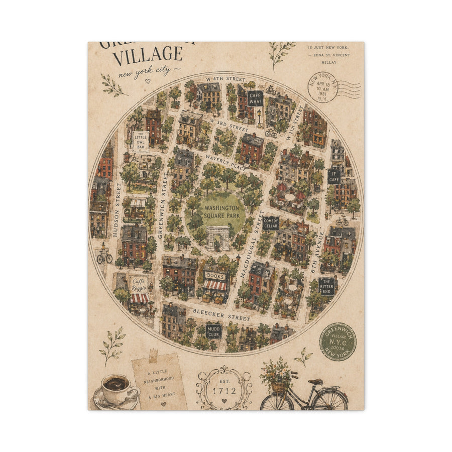 Greenwich Village Illustrated Map Wall Art & Canvas Print