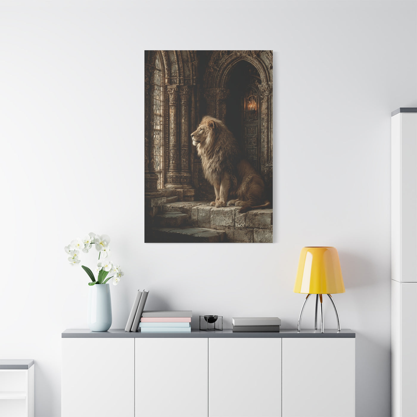 Lion in Ancient Stone Hall Royal Guardian Wall Art & Canvas Print