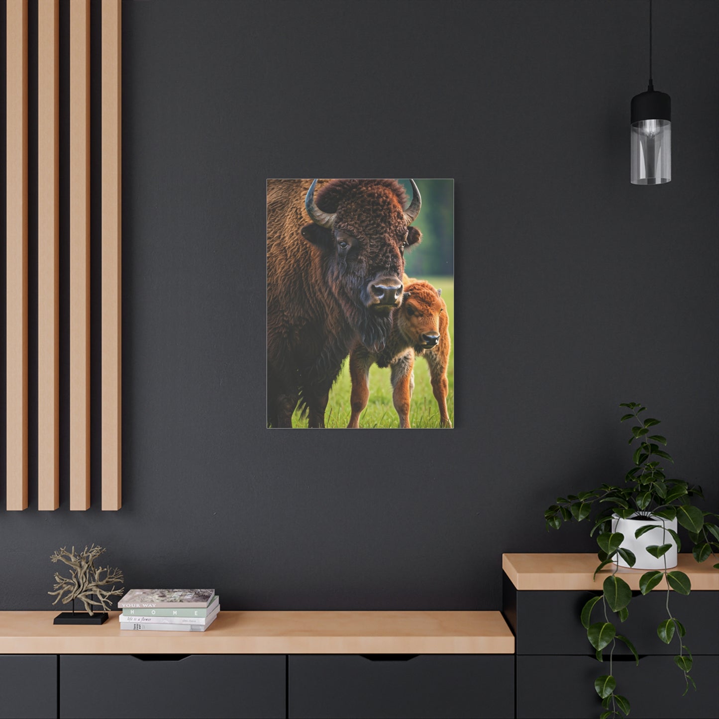 American Bison with Calf in Prairie Light Wall Art & Canvas Print