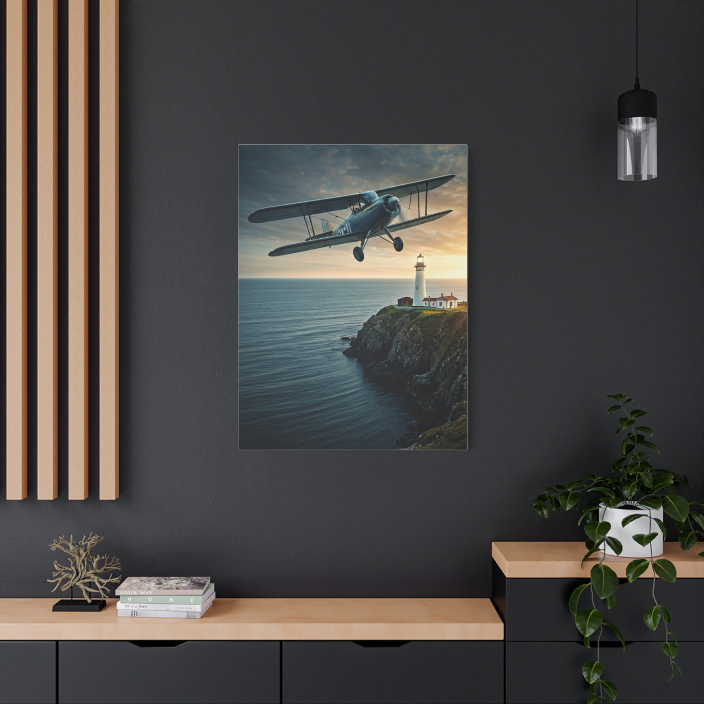 Coastal Biplane Over Lighthouse Horizon Wall Art & Canvas Prints