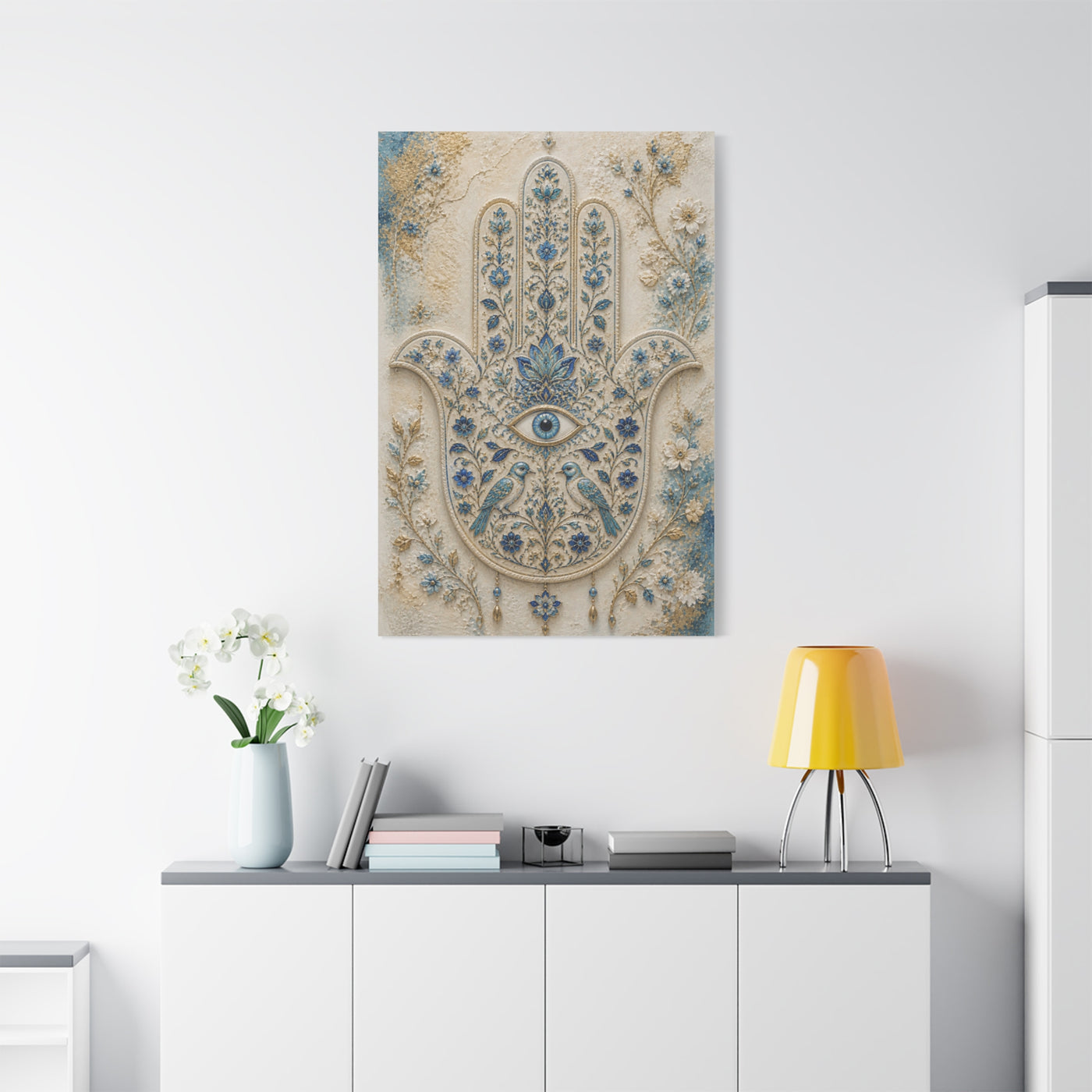 Blue Floral Hamsa Sacred Symbol Wall Art & Canvas Print