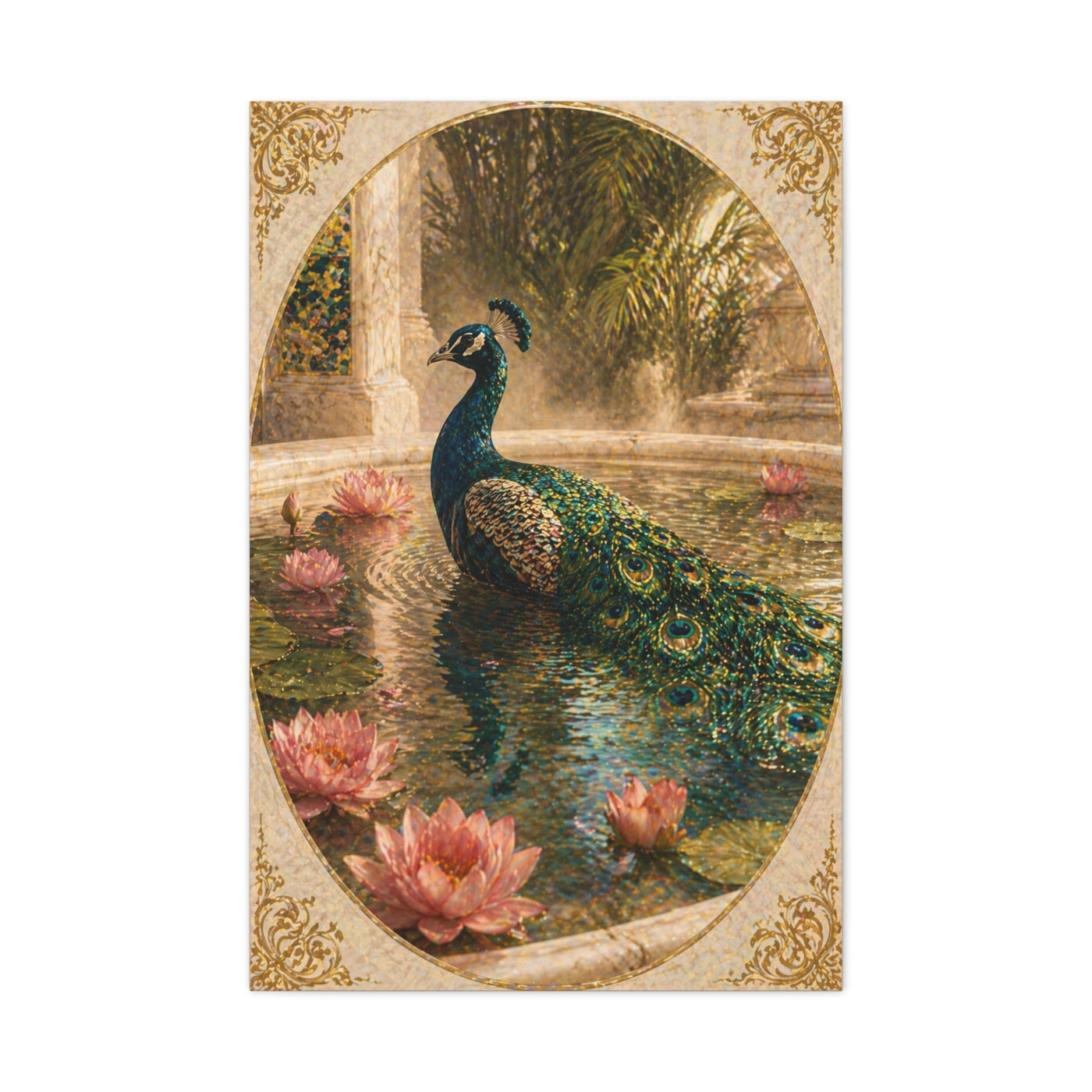 Lotus Pool Peacock Reflection Wall Art & Canvas Print