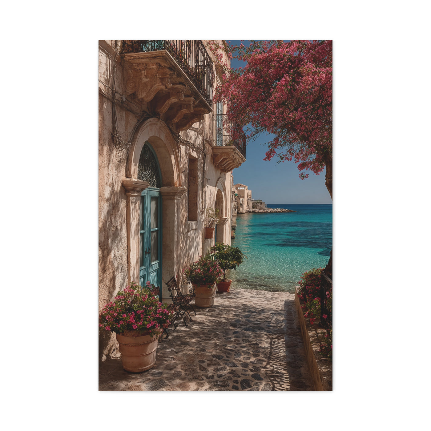Sicilian Coastal Balcony Scene Wall Art & Canvas Print