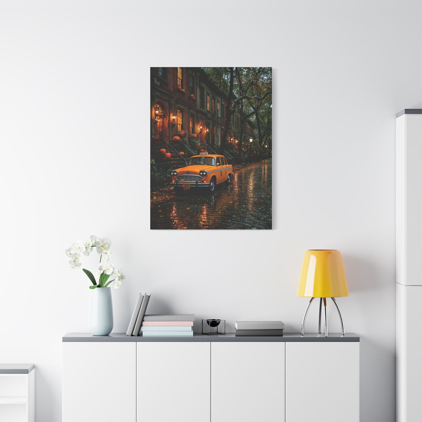 Rainy Autumn Brownstone Street Wall Art & Canvas Print