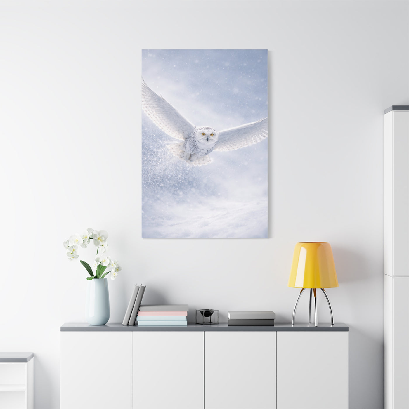 Snowy Owl Winter Flight Minimal Wall Art & Canvas Print