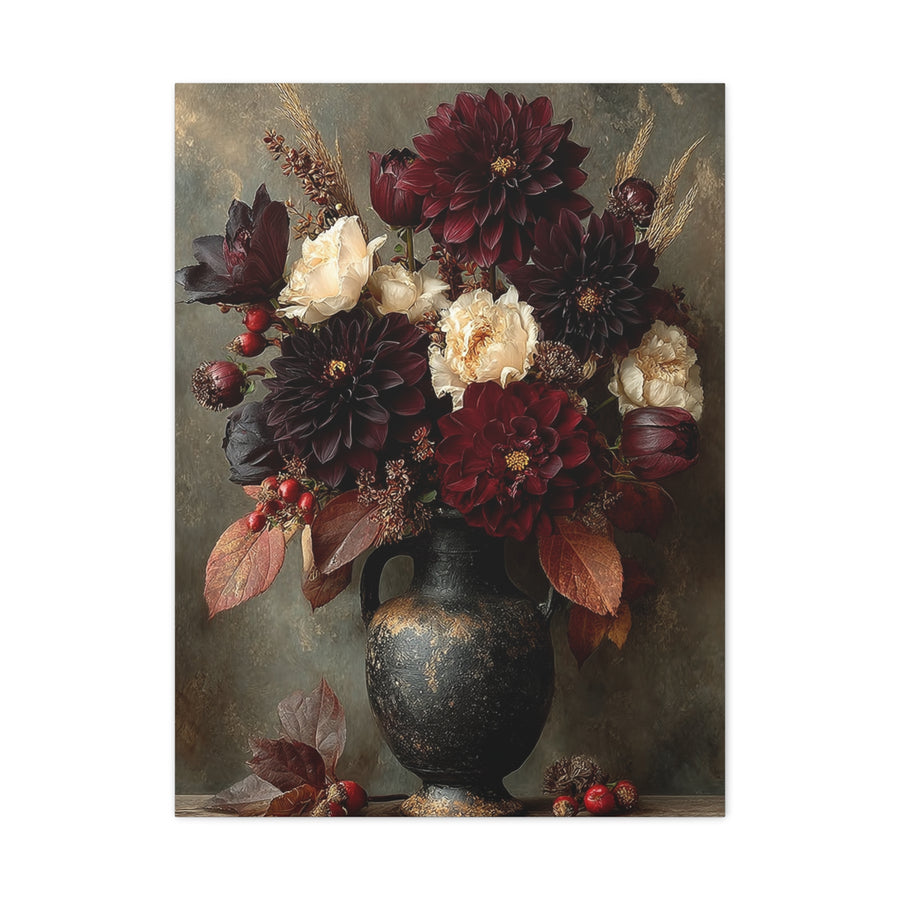 Burgundy Dahlia Autumn Floral Still Life Wall Art & Canvas Print