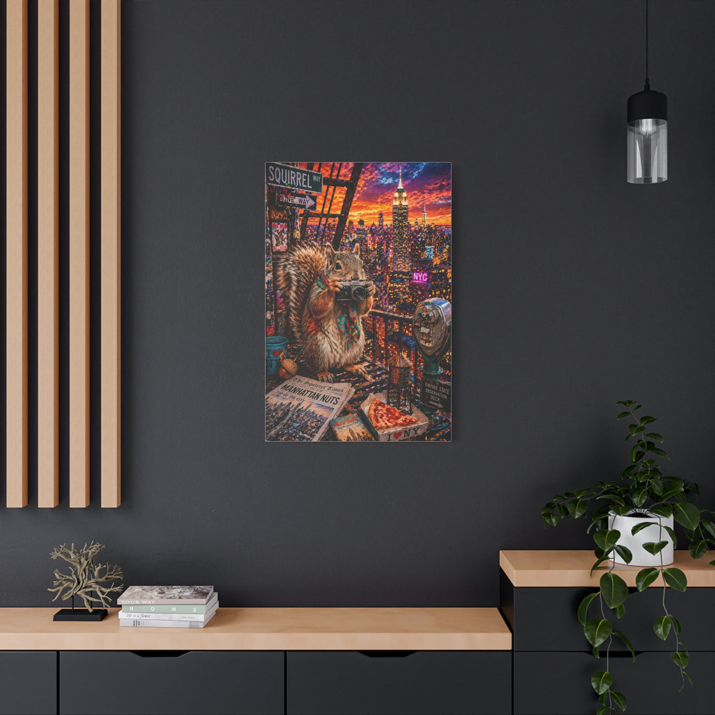 Surreal NYC Squirrel Rooftop Scene Wall Art & Canvas Print